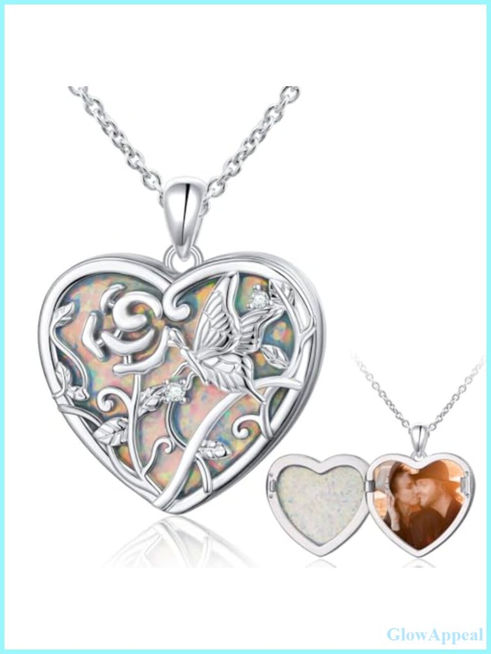 925 Sterling Silver Heart Locket Necklace Created Opal Pendant Picture